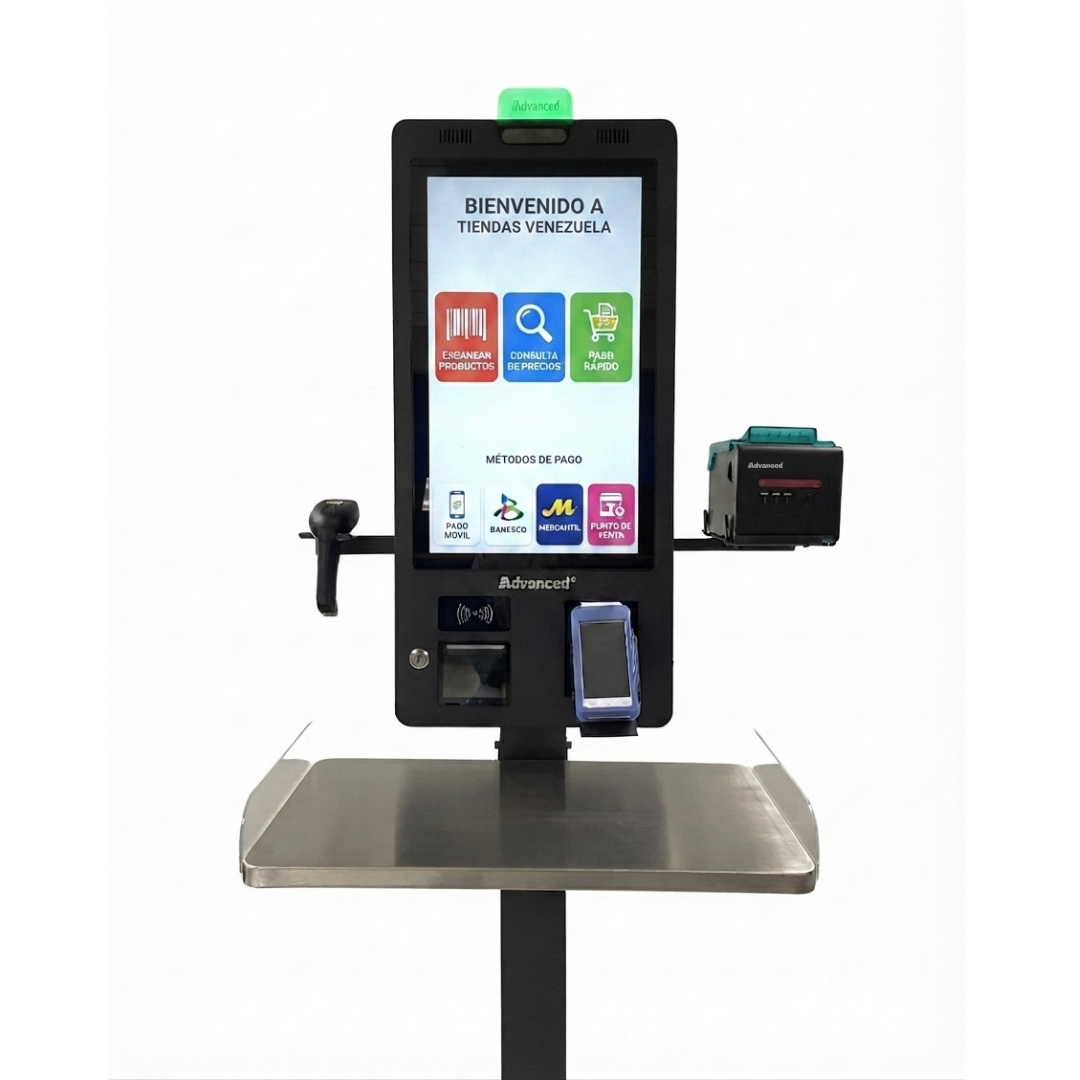 Kiosco de autoservicio APT-ASSCI5 de Advanced con base de pedestal para mayor visibilidad y autonomía del cliente.