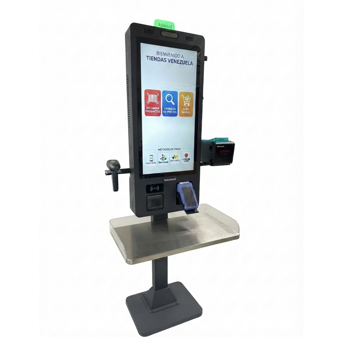Kiosco de autoservicio APT-ASSCI5 de Advanced con base de pedestal para mayor visibilidad y autonomía del cliente.