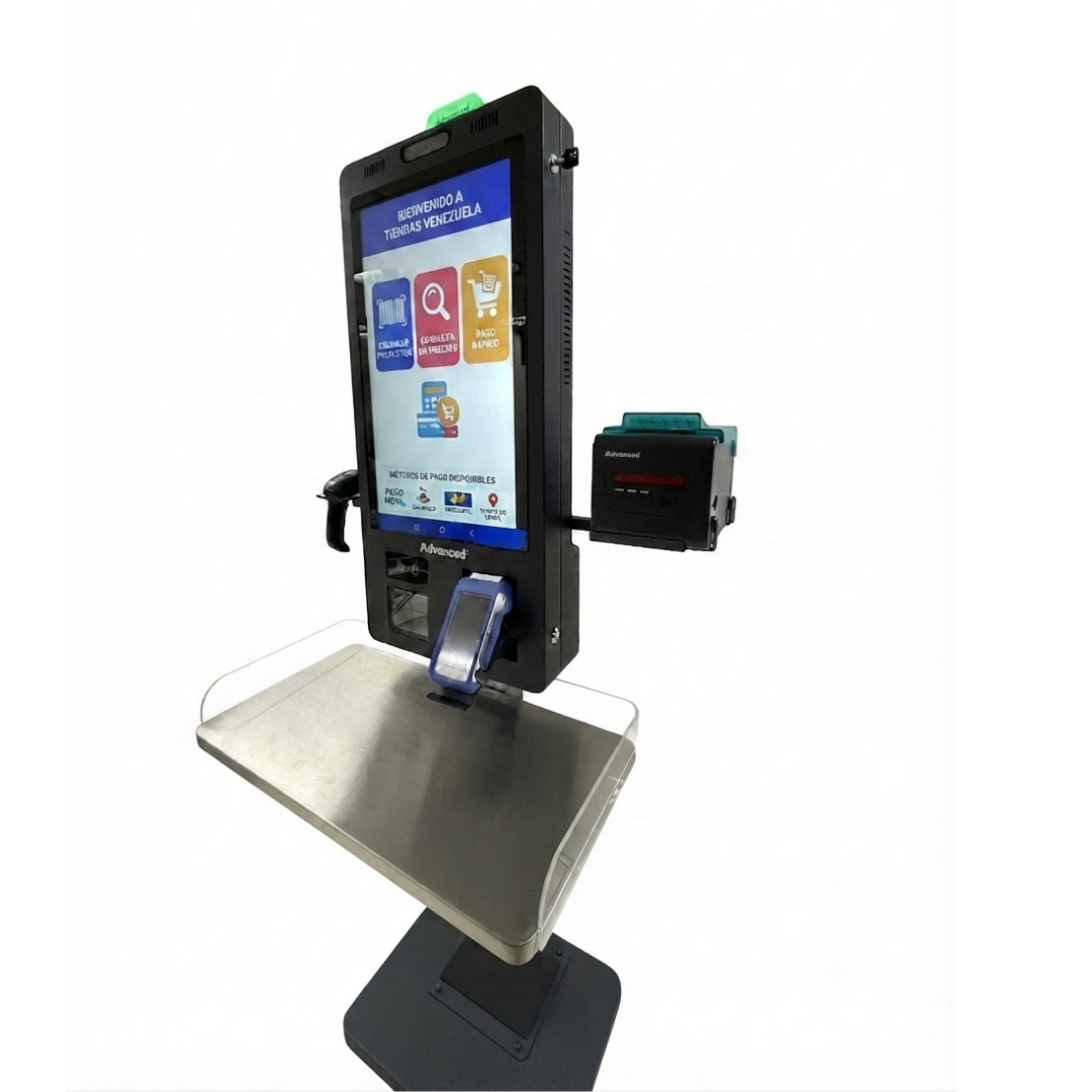 Kiosco de autoservicio APT-ASSCI5 de Advanced con base de pedestal para mayor visibilidad y autonomía del cliente.