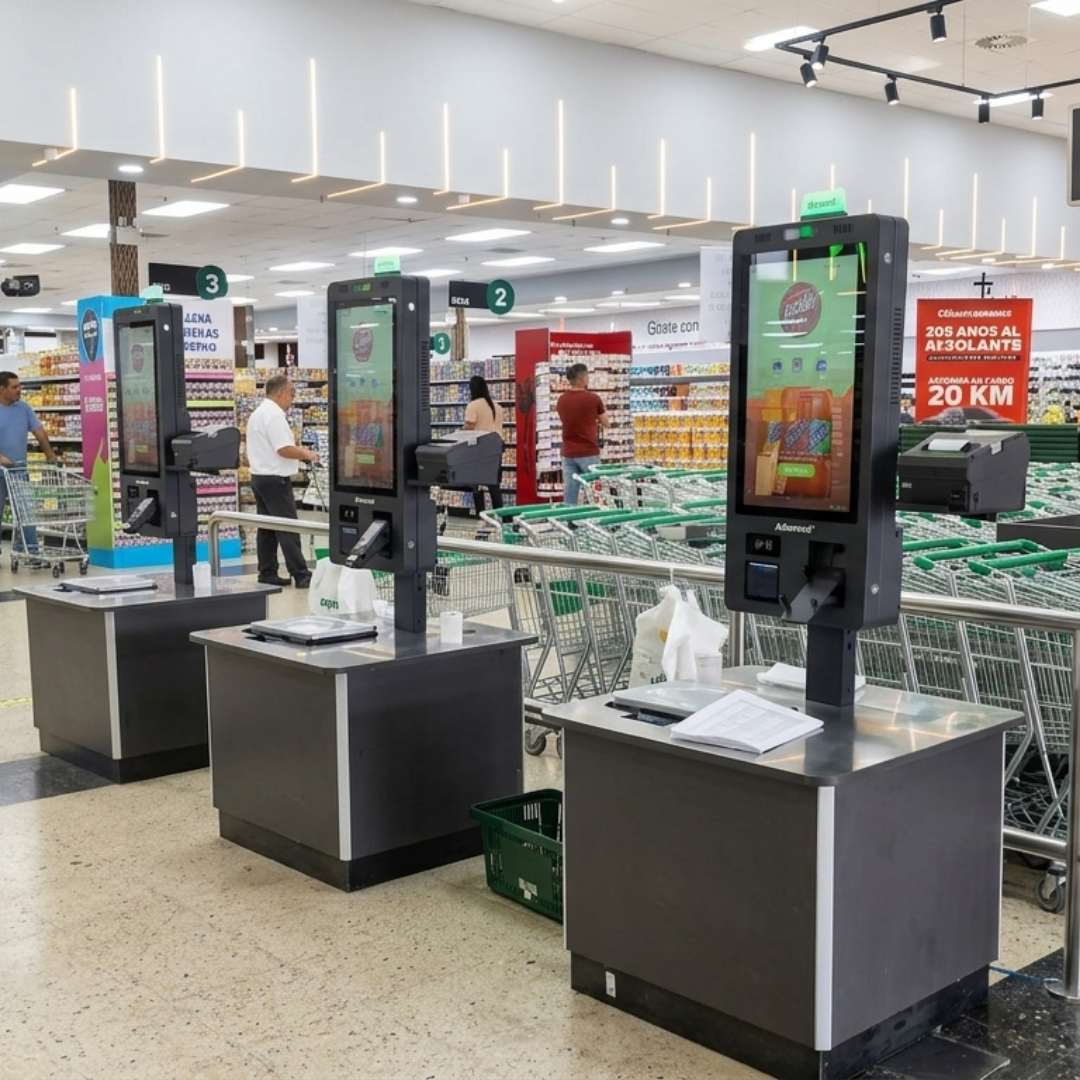 Kiosco de autoservicio APT-ASSCI5 de Advanced con base de pedestal para mayor visibilidad y autonomía del cliente.