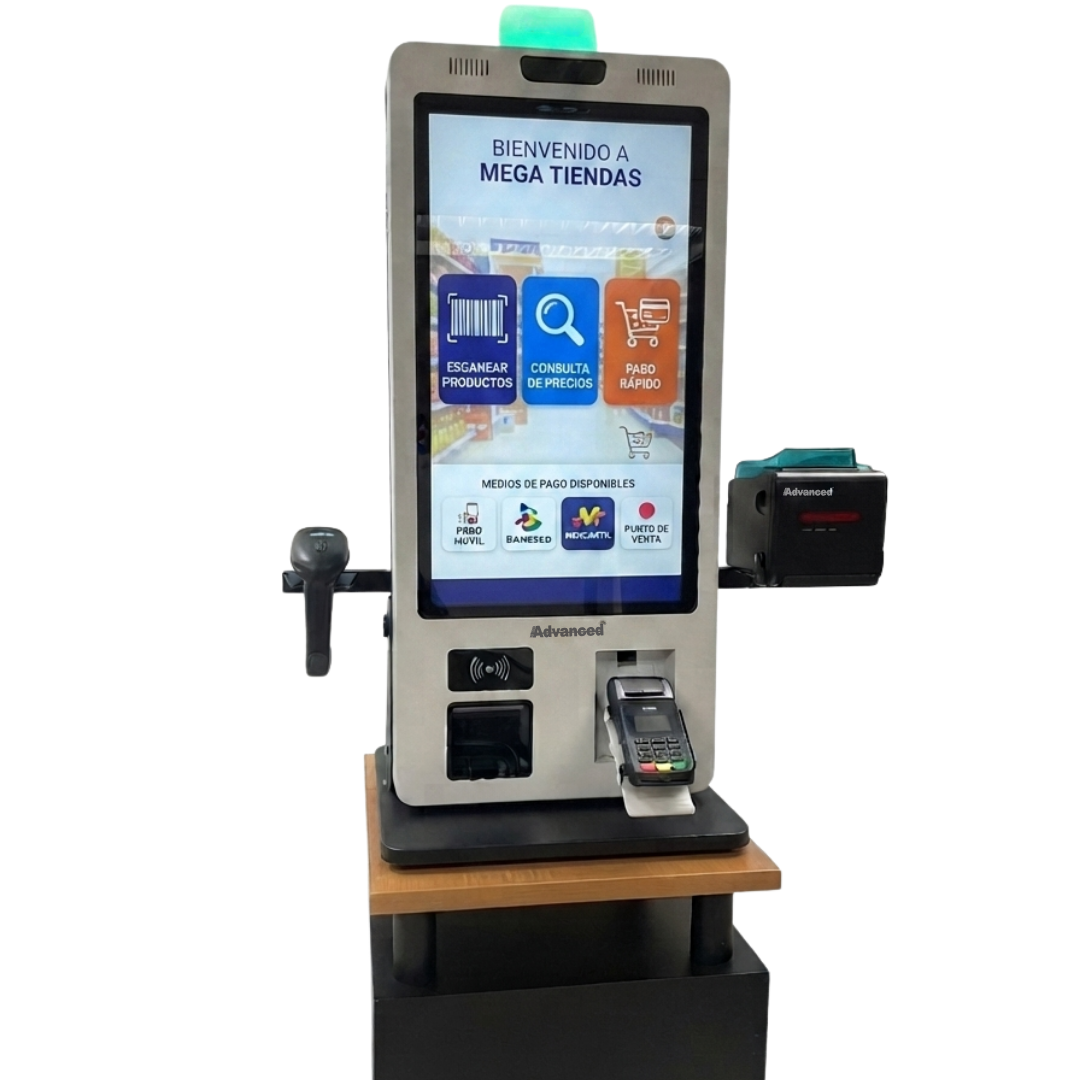 Kiosco de autoservicio APT-ASSCI5 de Advanced en formato compacto de escritorio, ideal para consultas o pagos rápidos.