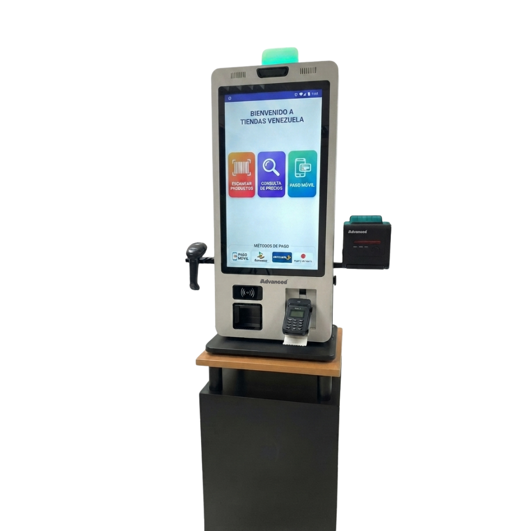 Kiosco de autoservicio APT-ASSCI5 de Advanced en formato compacto de escritorio, ideal para consultas o pagos rápidos.