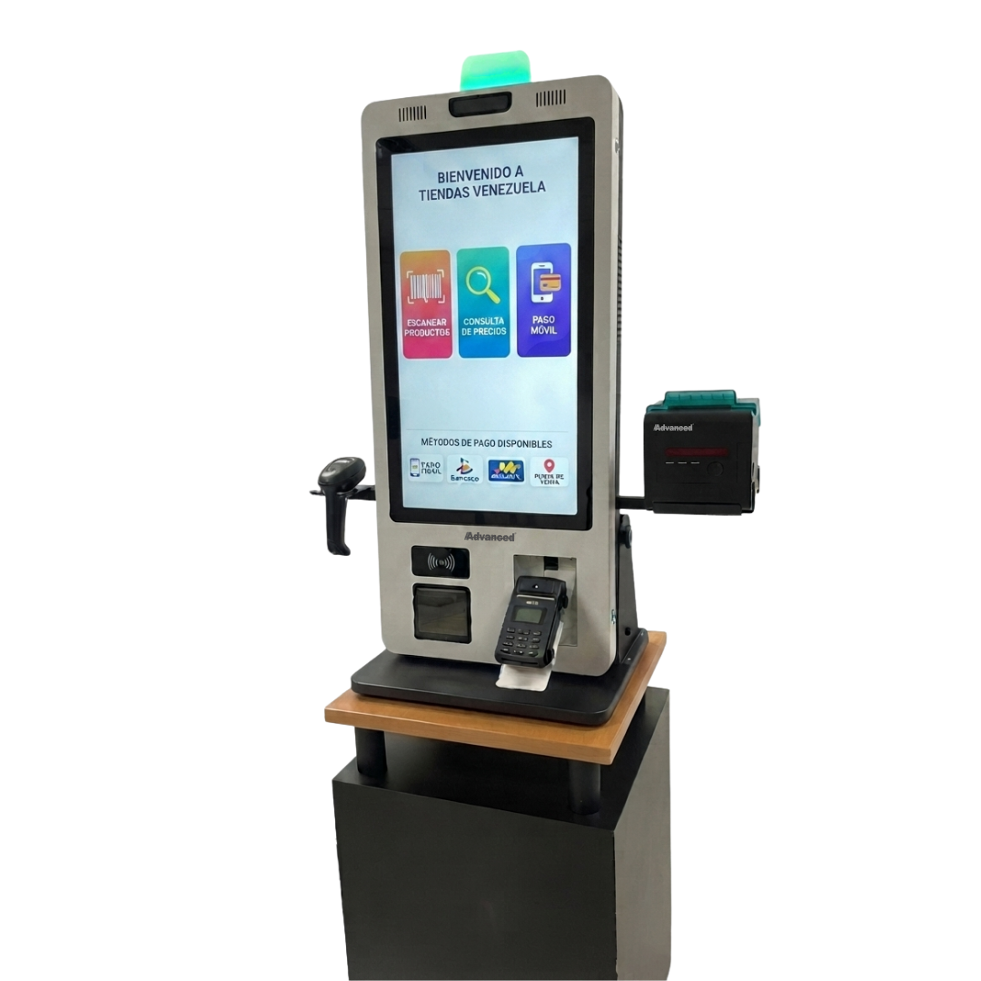Kiosco de autoservicio APT-ASSCI5 de Advanced en formato compacto de escritorio, ideal para consultas o pagos rápidos.