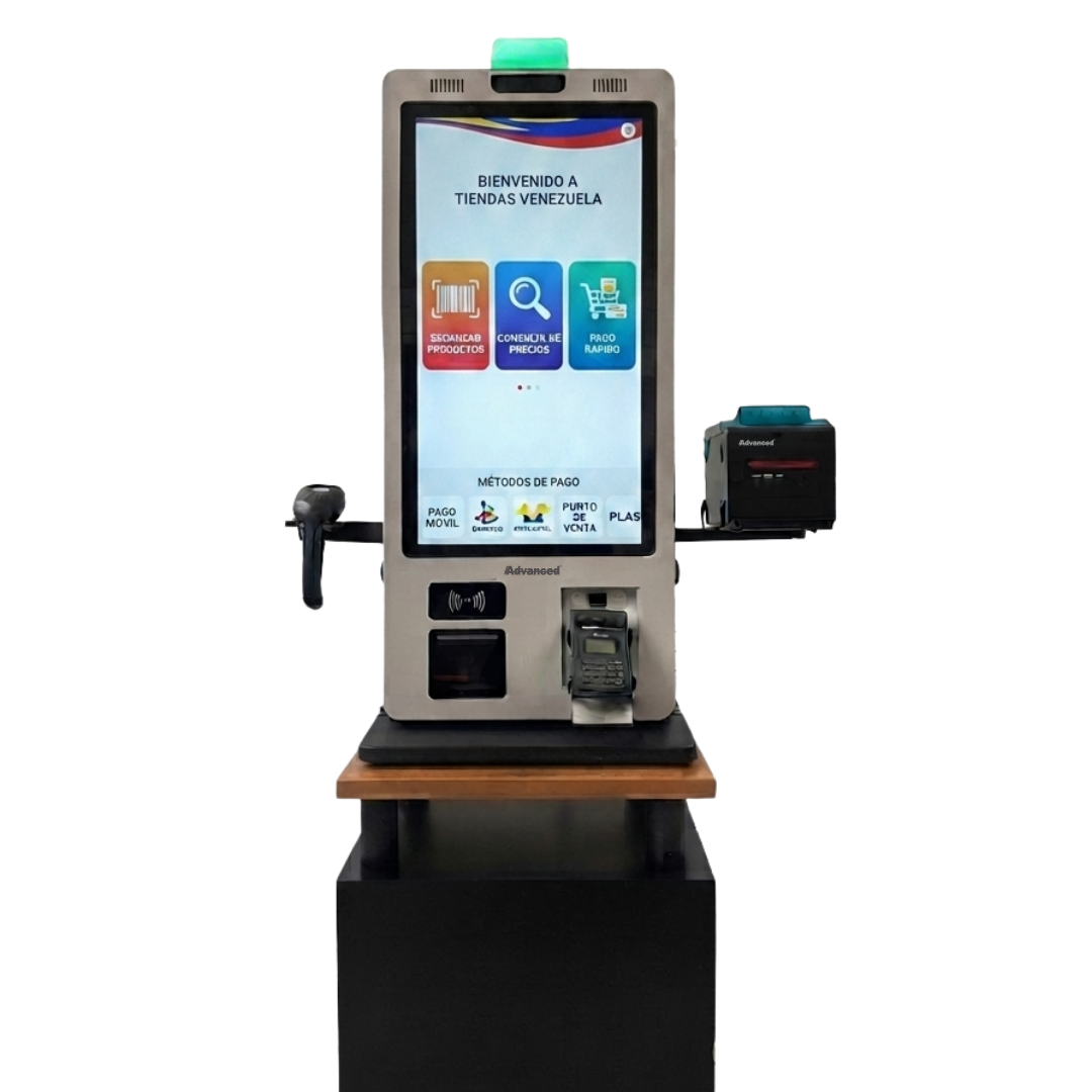 Kiosco de autoservicio APT-ASSCI5 de Advanced en formato compacto de escritorio, ideal para consultas o pagos rápidos.