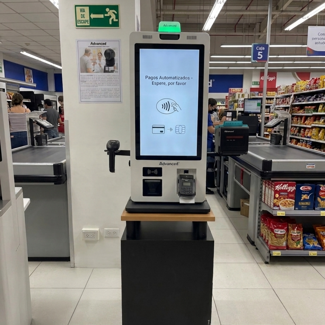 Kiosco de autoservicio APT-ASSCI5 de Advanced en formato compacto de escritorio, ideal para consultas o pagos rápidos.