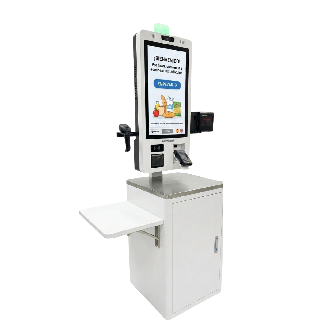 Kiosco de autoservicio APT-ASSCI5 de Advanced configurado con base para mostrador, optimizando el espacio en puntos de venta.