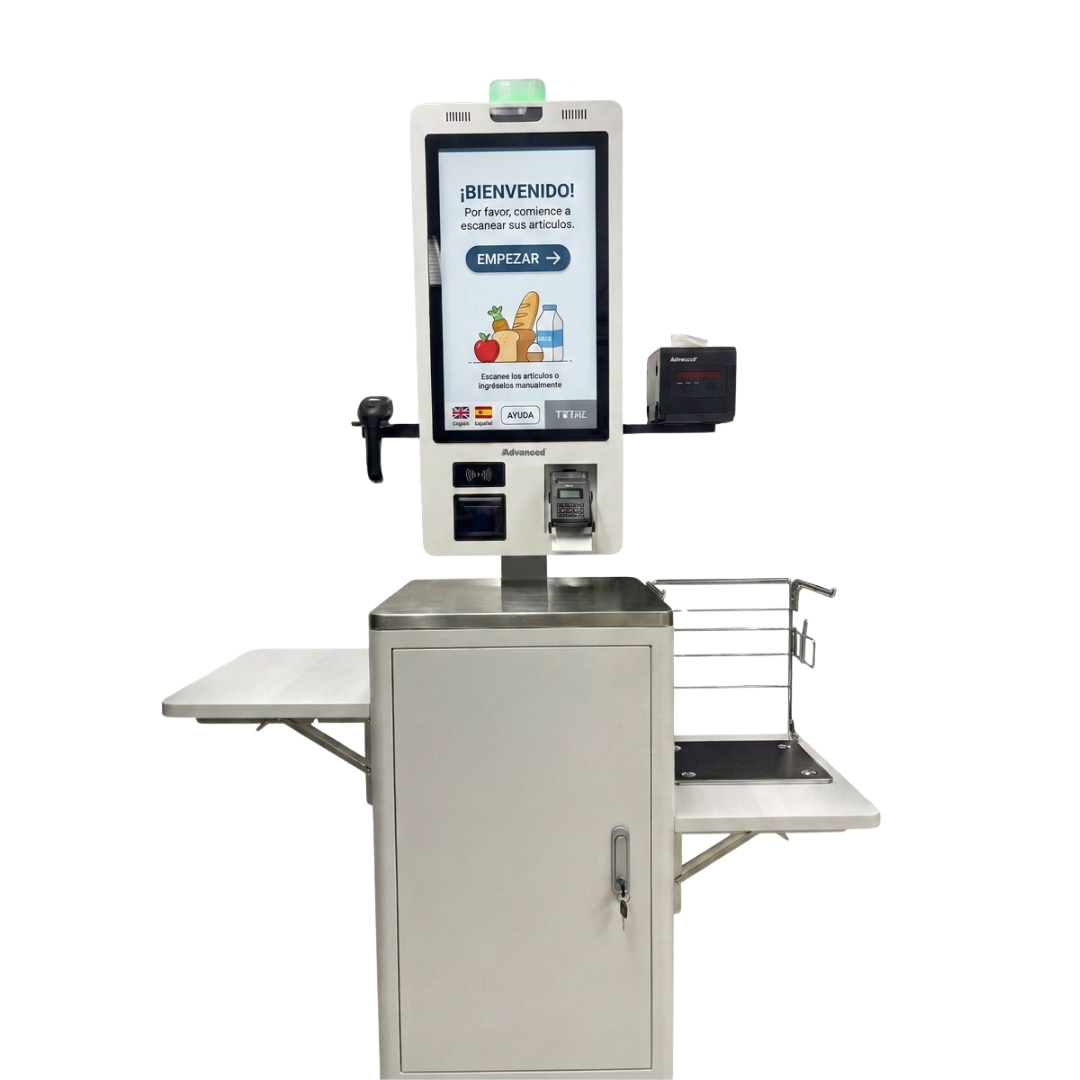 Kiosco de autoservicio APT-ASSCI5 de Advanced configurado con base para mostrador, optimizando el espacio en puntos de venta.
