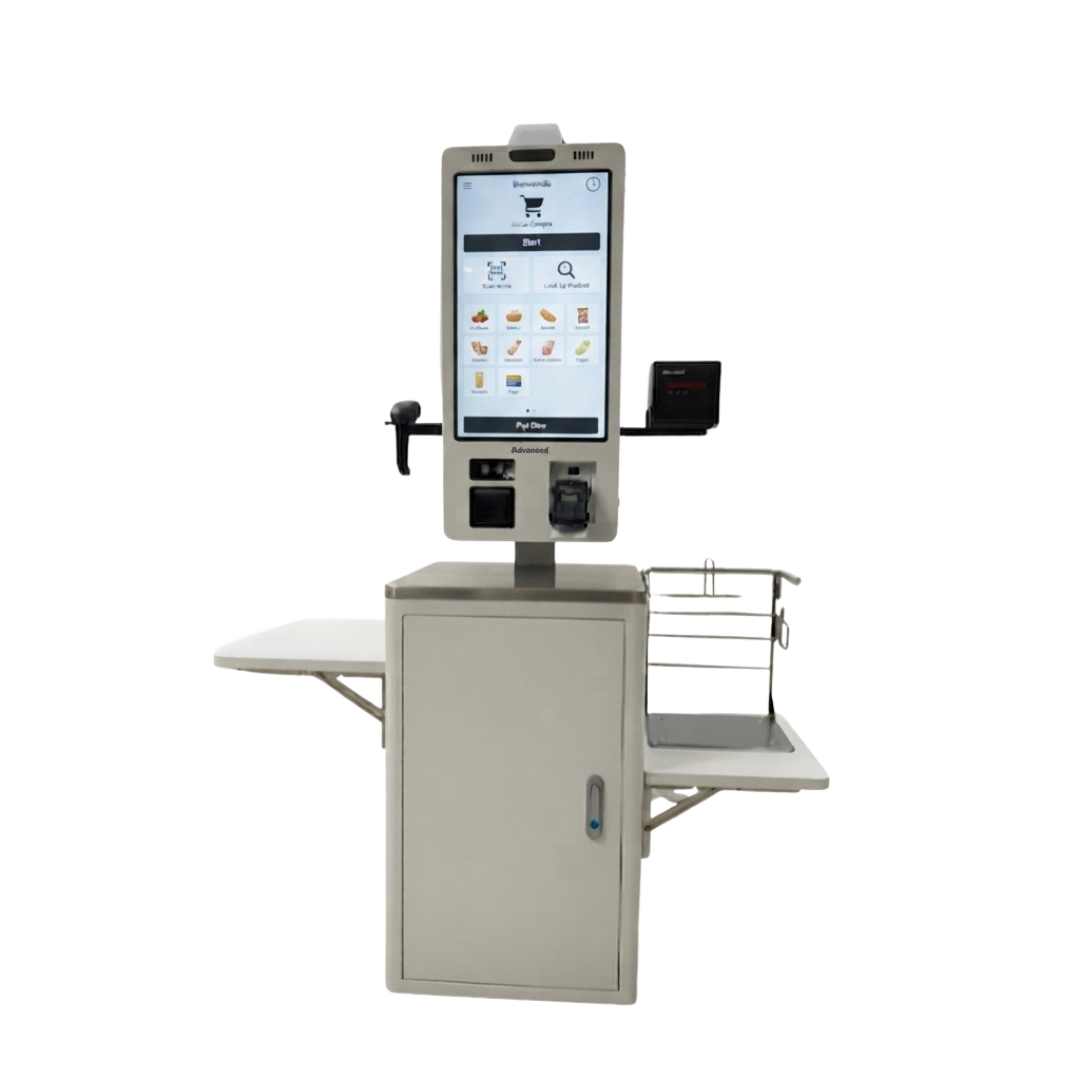 Kiosco de autoservicio APT-ASSCI5 de Advanced configurado con base para mostrador, optimizando el espacio en puntos de venta.