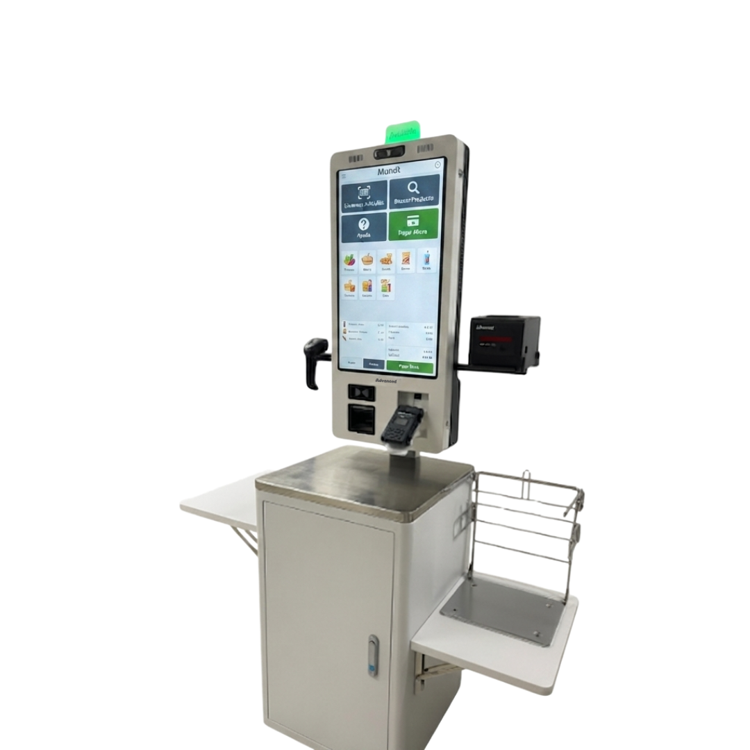 Kiosco de autoservicio APT-ASSCI5 de Advanced configurado con base para mostrador, optimizando el espacio en puntos de venta.