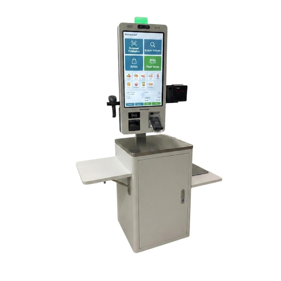Kiosco de autoservicio APT-ASSCI5 de Advanced configurado con base para mostrador, optimizando el espacio en puntos de venta.