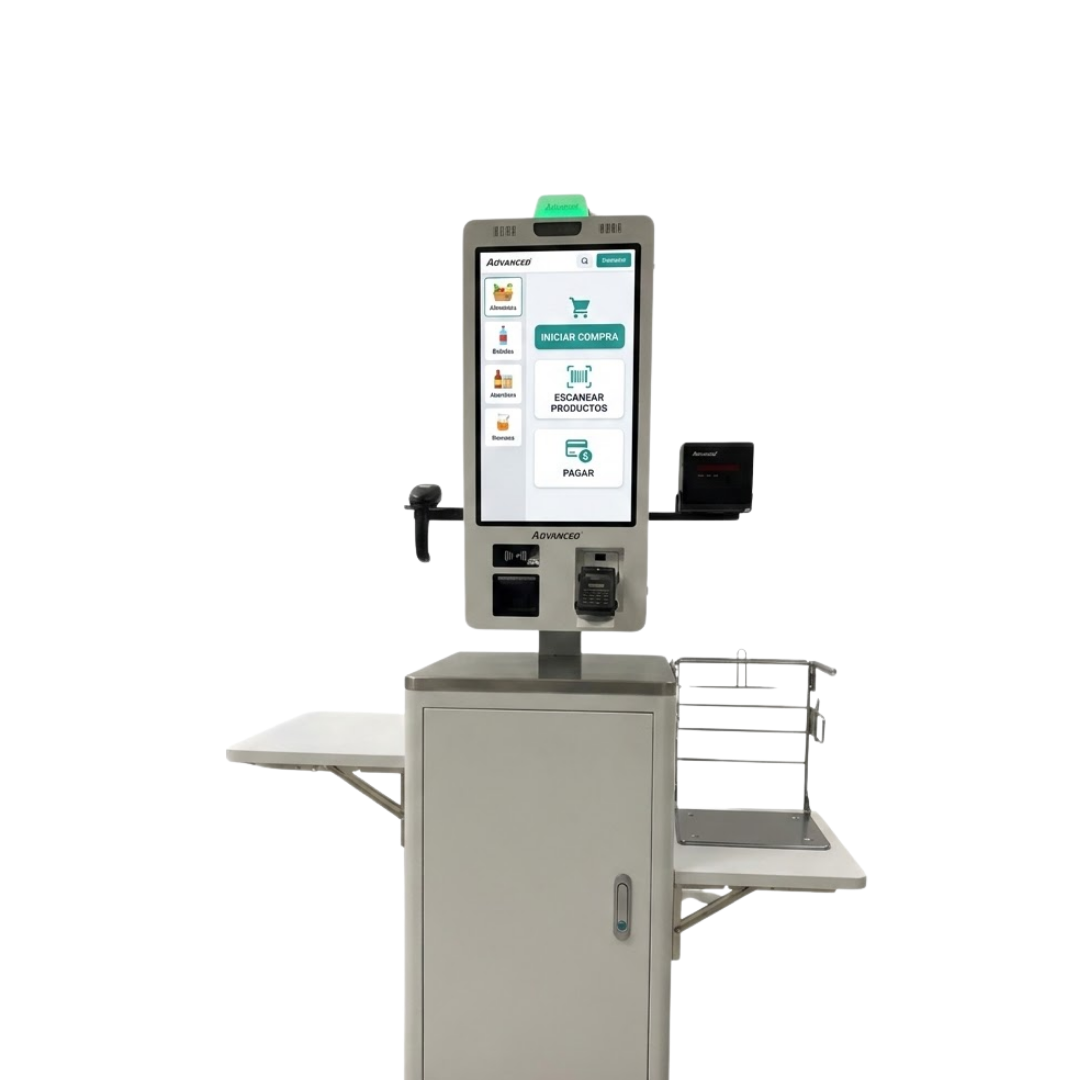 Kiosco de autoservicio APT-ASSCI5 de Advanced configurado con base para mostrador, optimizando el espacio en puntos de venta.