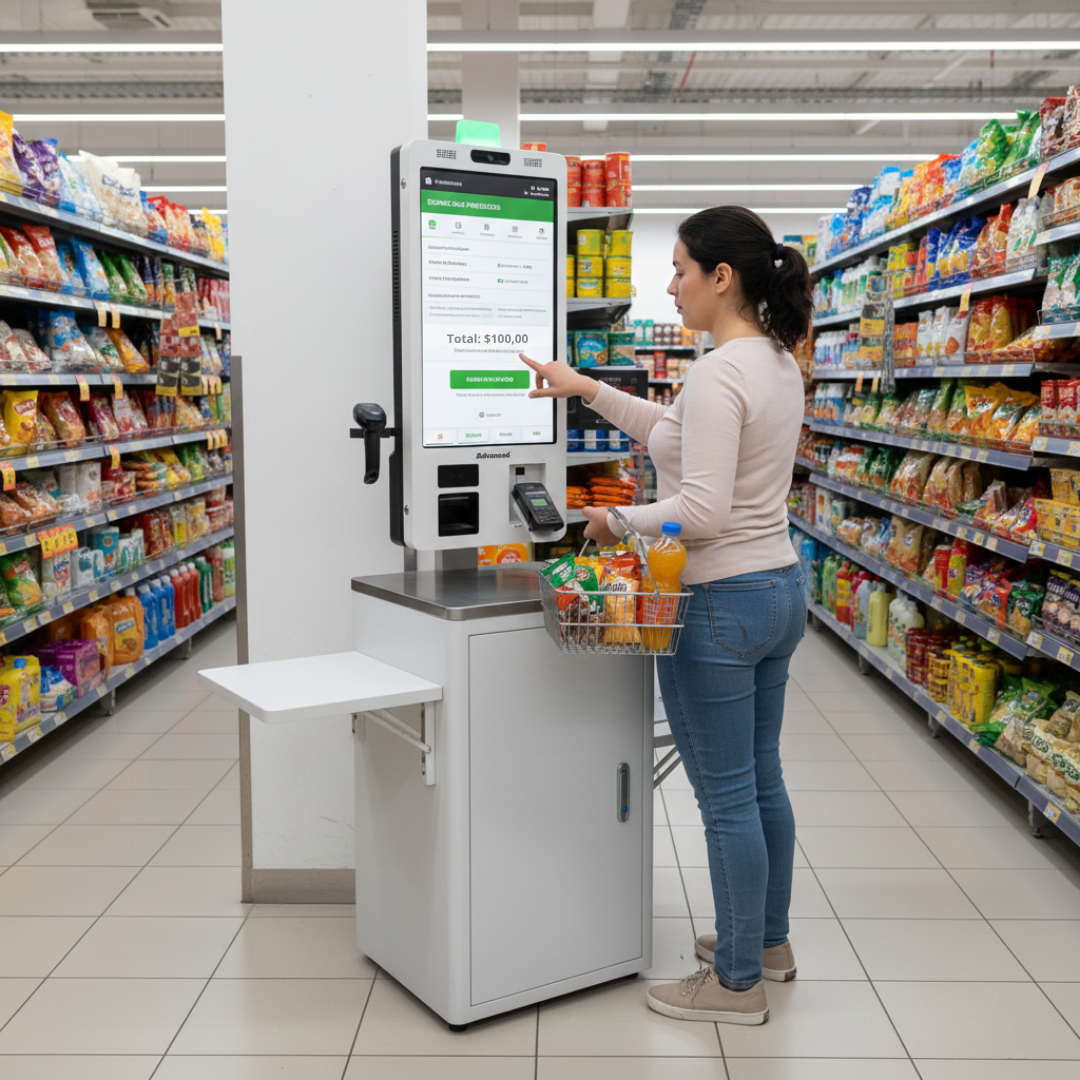 Kiosco de autoservicio APT-ASSCI5 de Advanced configurado con base para mostrador, optimizando el espacio en puntos de venta.
